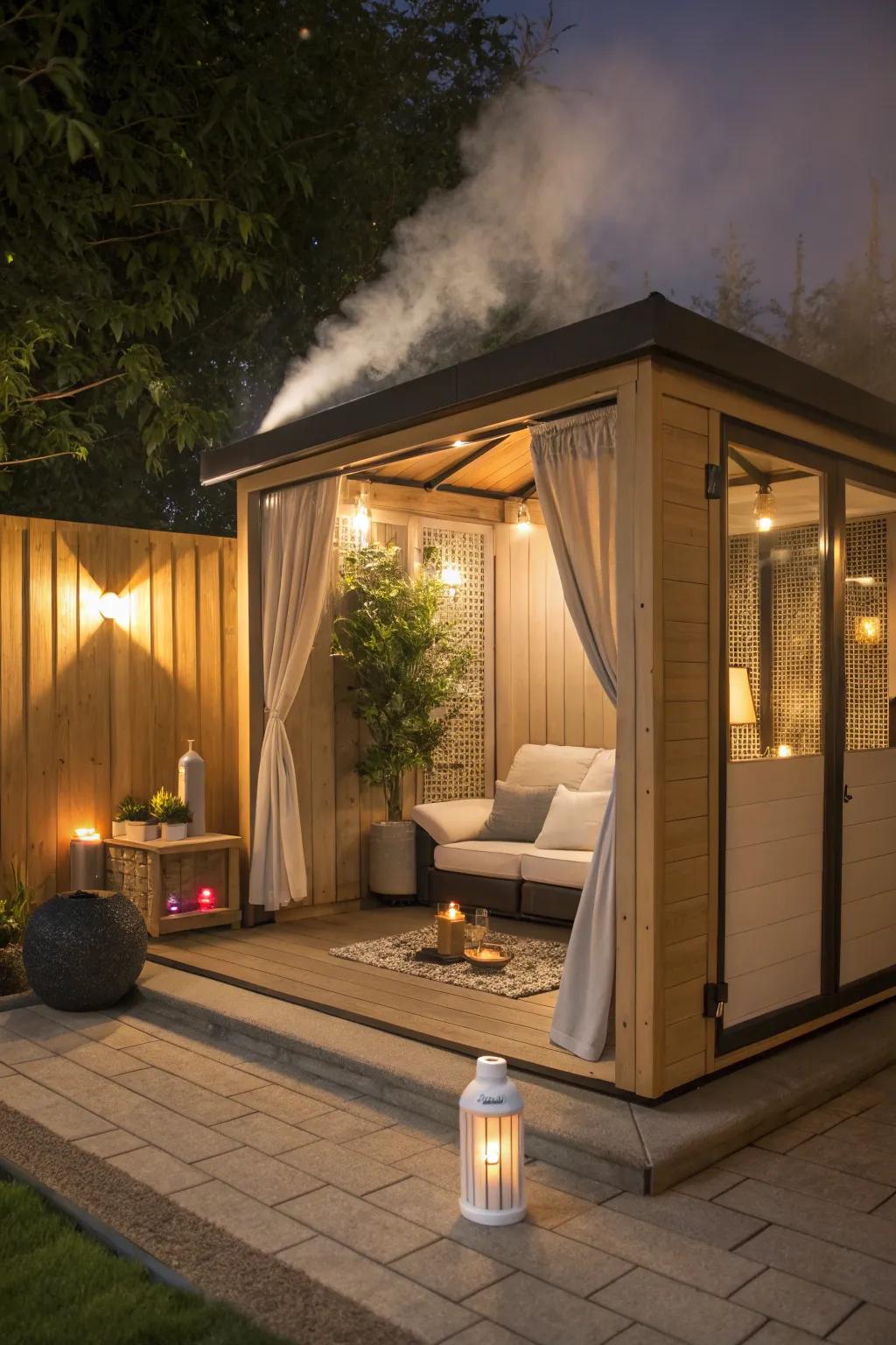 Transform your she shed into a mini spa retreat with calming scents and plush seating.