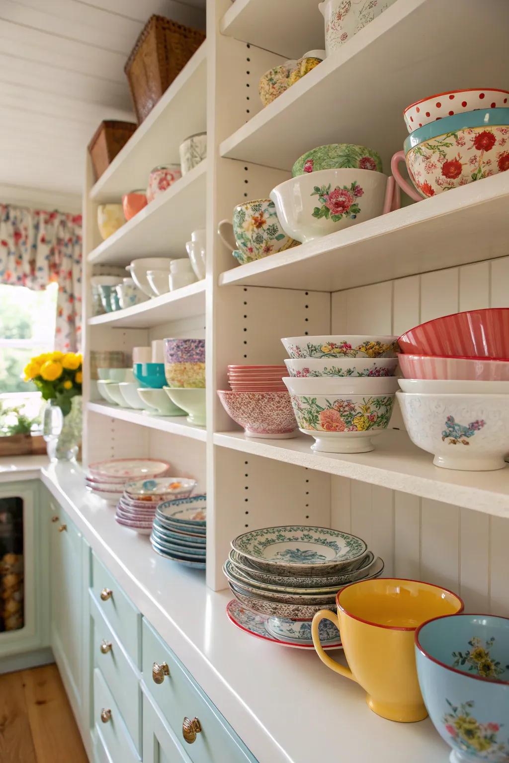 Kitchen shelves showcasing beautiful dishware.