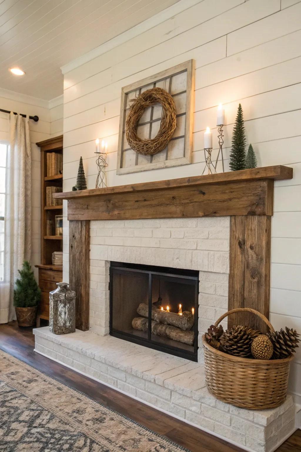 Farmhouse-style shiplap fireplace creating a cozy country home atmosphere.