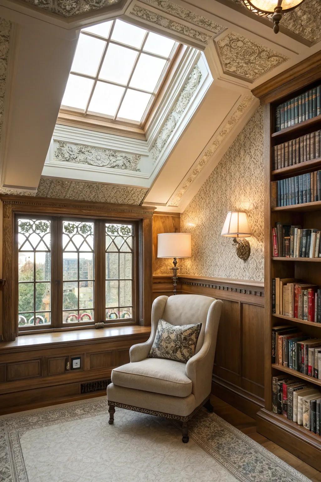 A charming reading nook with a skylight framed with intricate vintage trim.