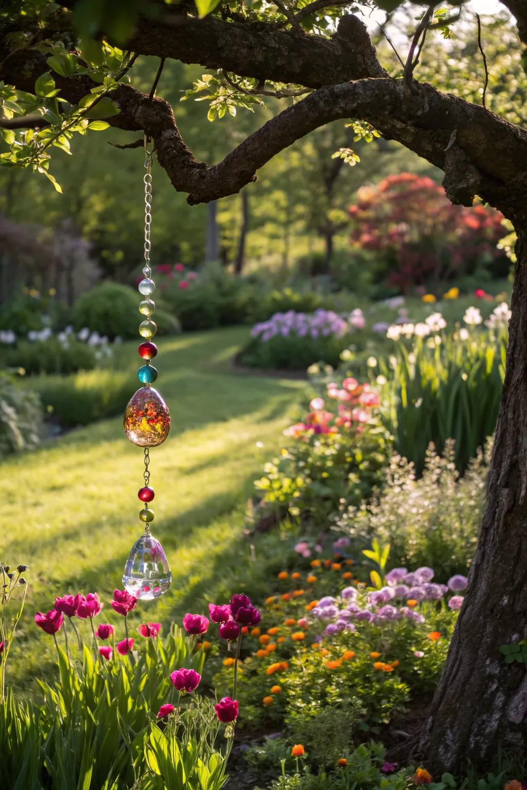 A light catcher contributes a hint of light and playfulness to the garden.