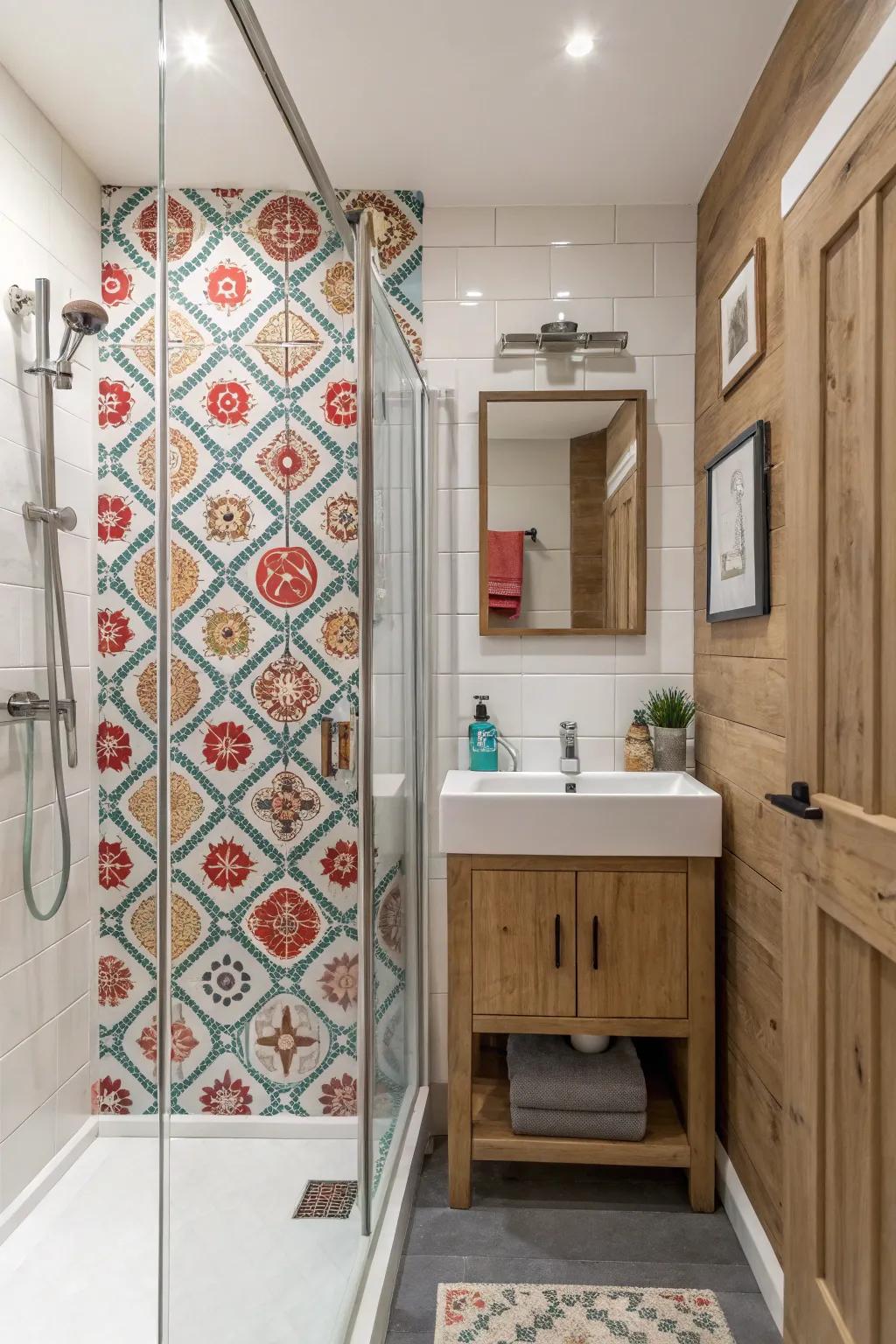 An accent wall can add depth and visual interest to a small bathroom.