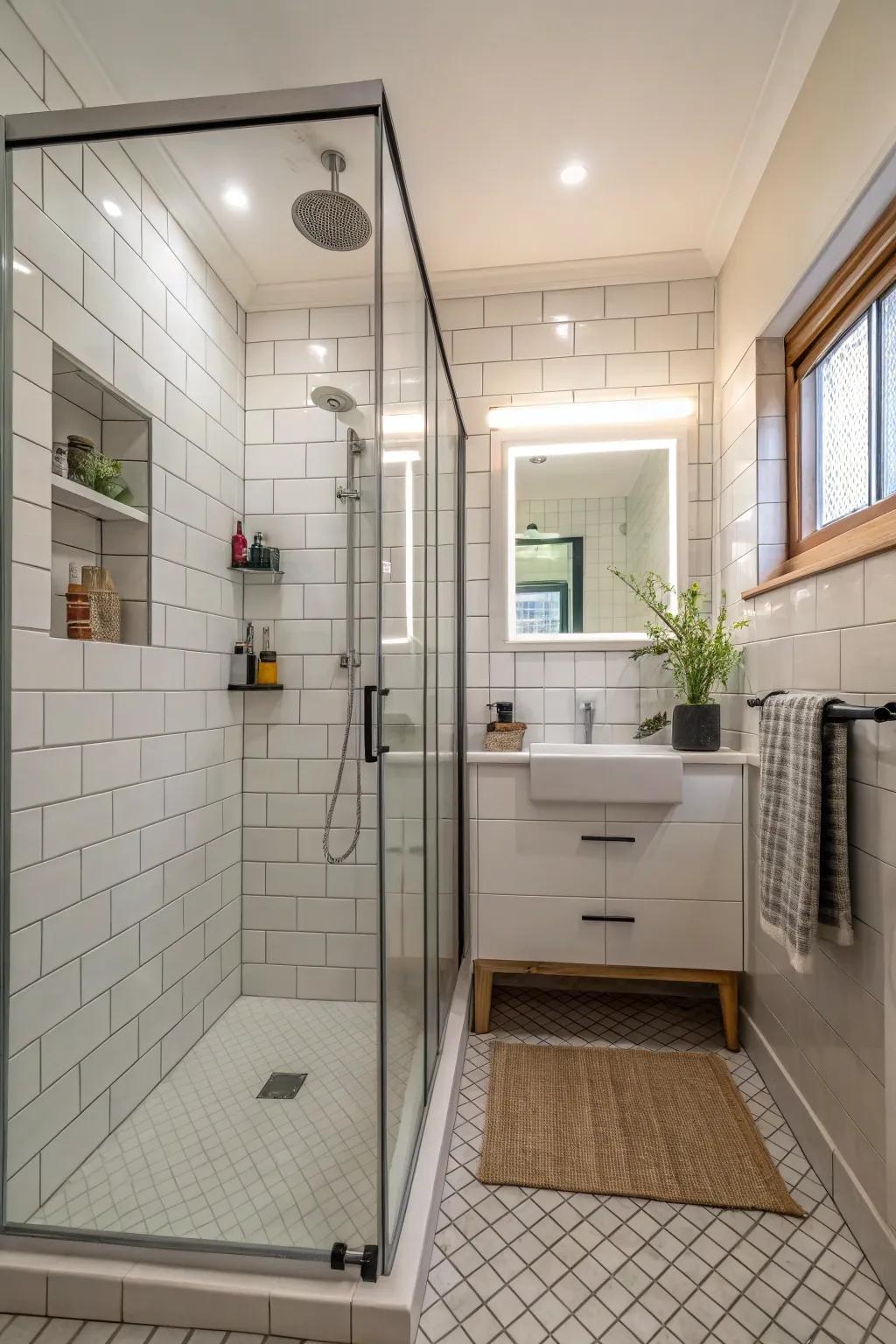 Wide-open shower shields provide seamless transitions and openness.