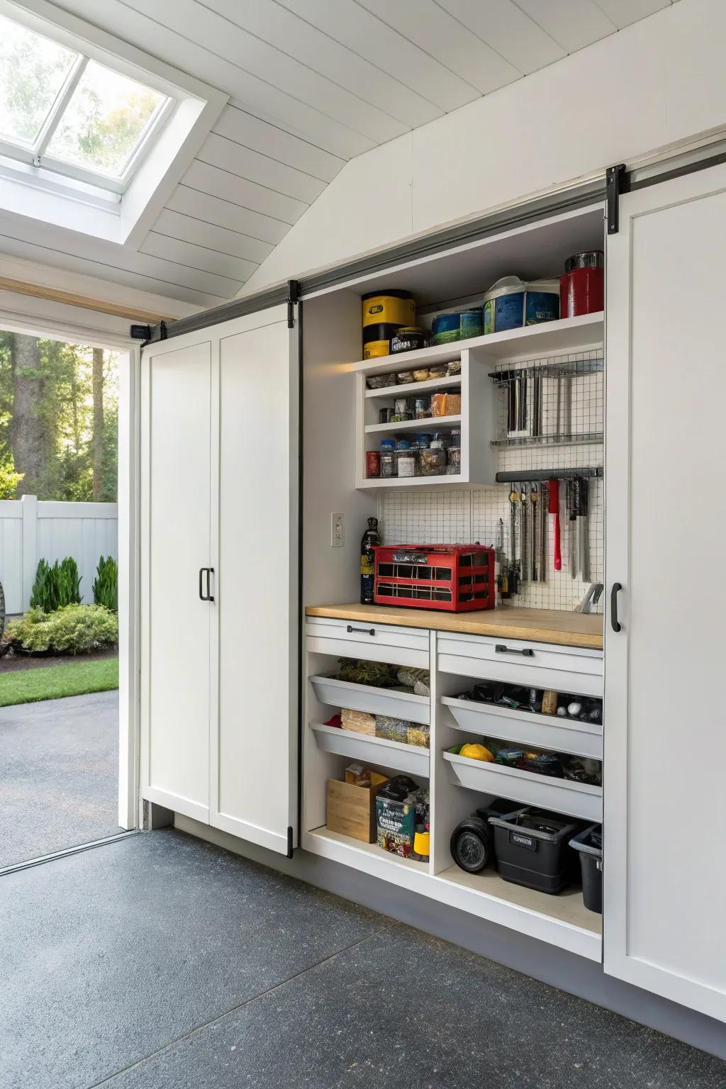 Sliding shelves make accessing stored items easy and efficient.