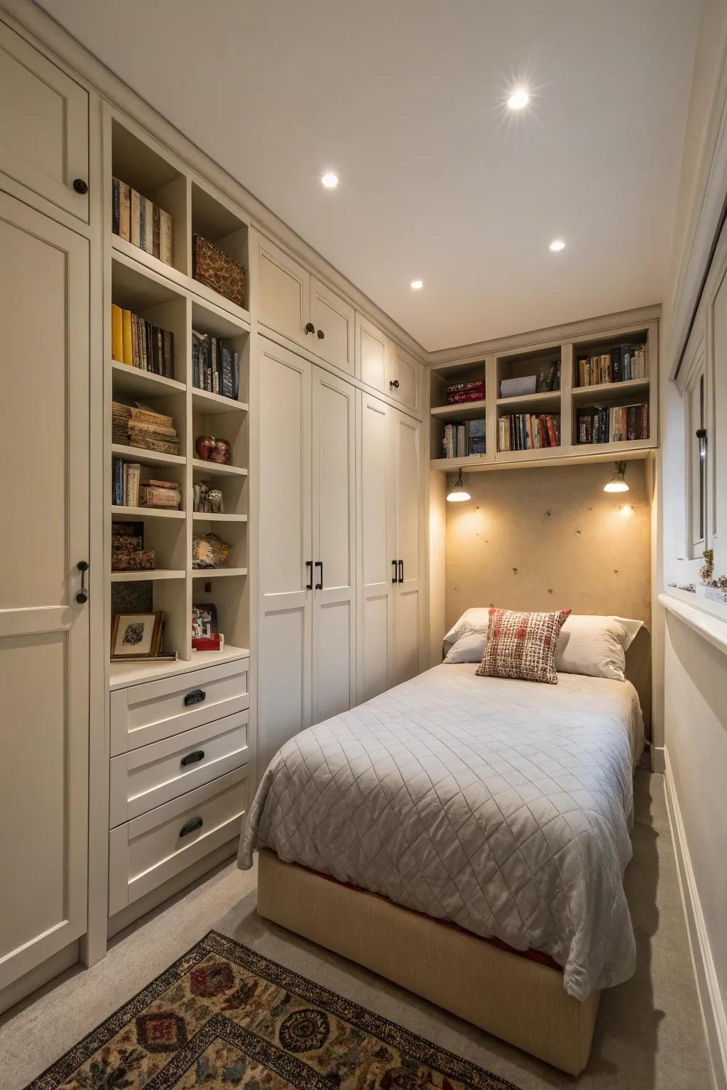 Vertical storage options optimize area within a small master bedroom.