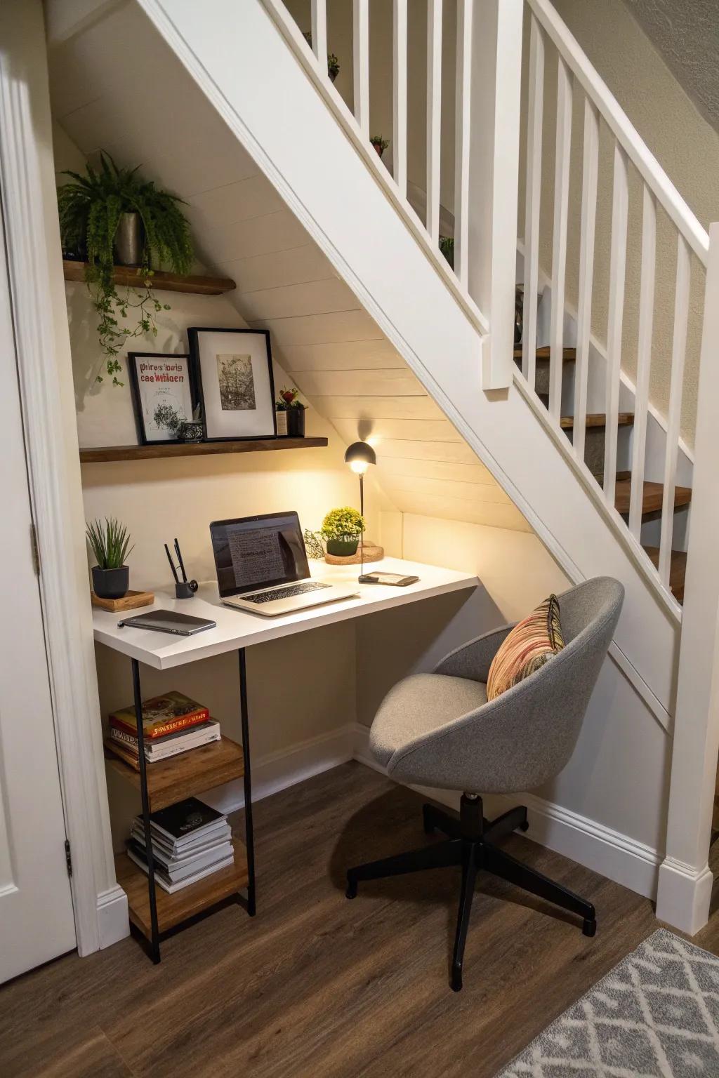 Under-stair areas can be creatively transformed into functional workspaces.