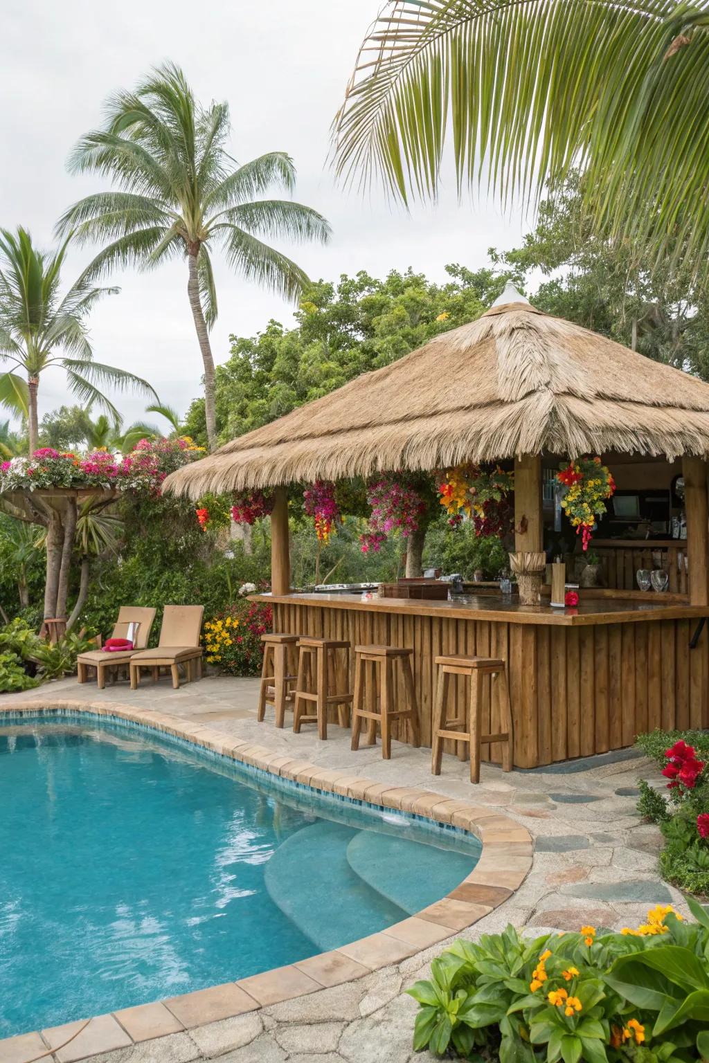 A tiki bar brings a fun and exotic touch to your poolside area.