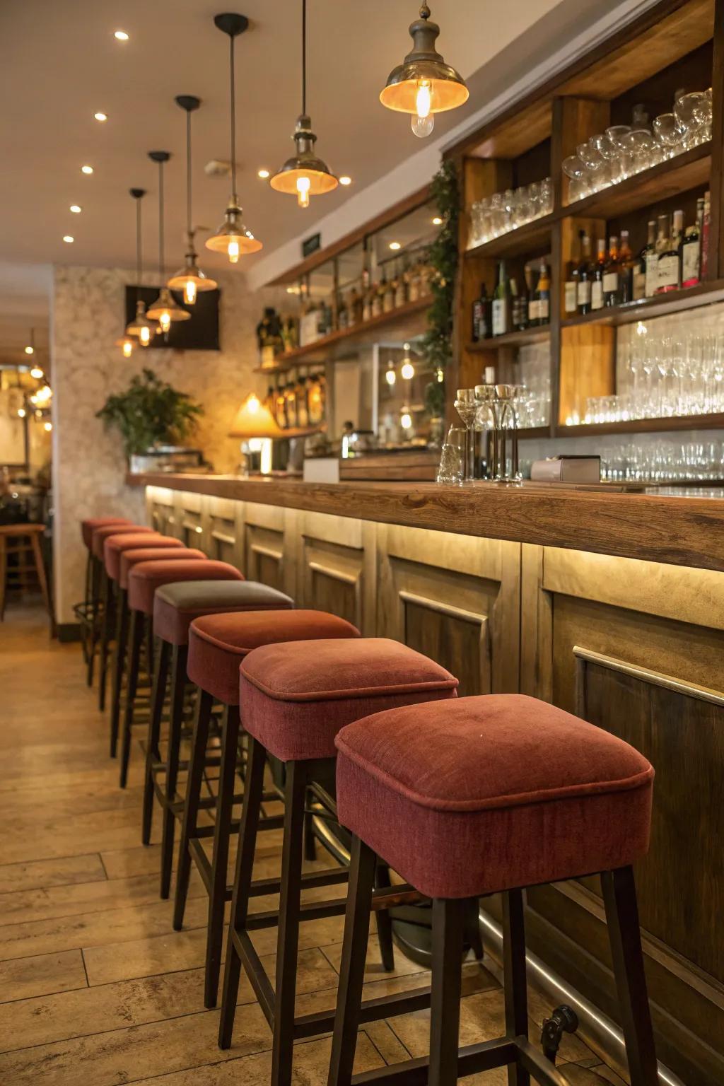 Inviting seating encourages guests to linger at a small restaurant bar.