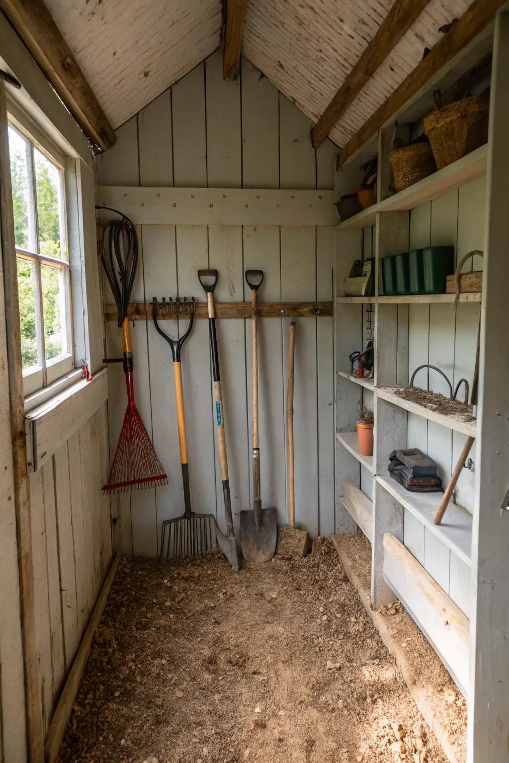 Efficient garden tool storage inside a small shed.