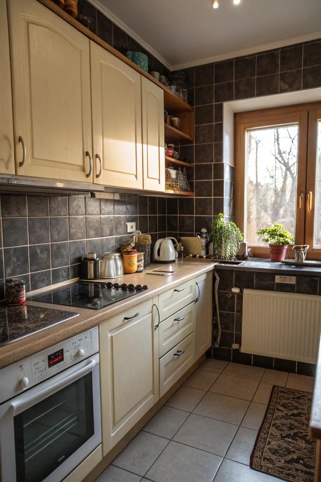 Dark accents add depth to a small kitchen design.