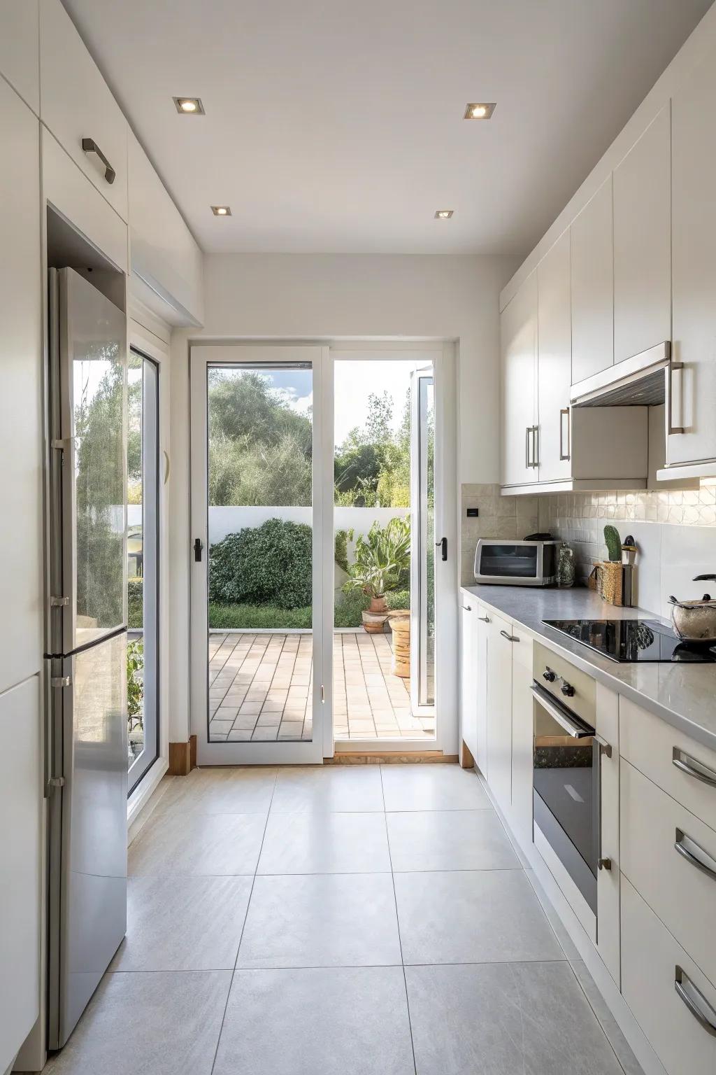 Sliding doors save space and maintain kitchen flow.