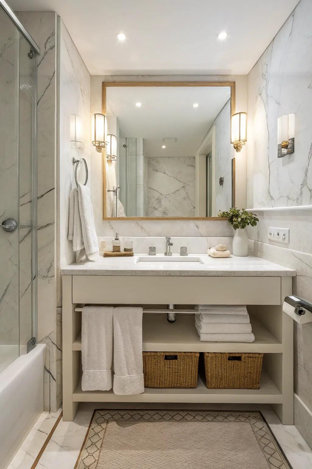 Soft colors go well with stone for a calm mood.