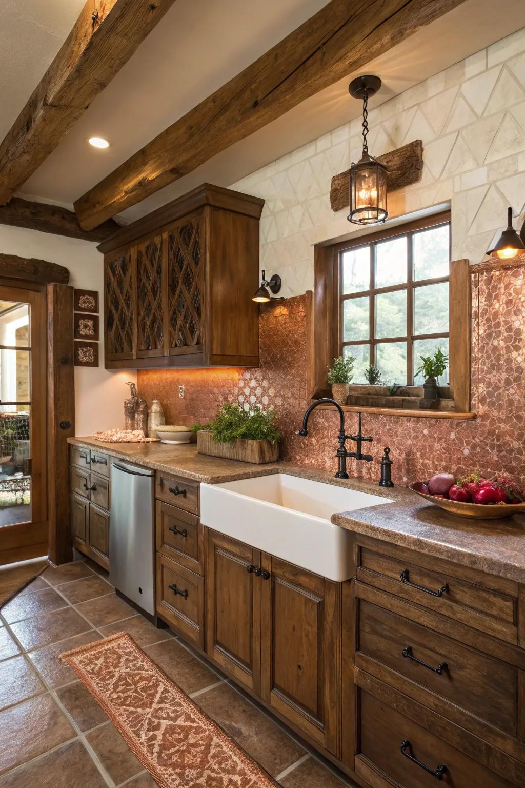 Copper tiles add a sophisticated metallic sheen to the kitchen.