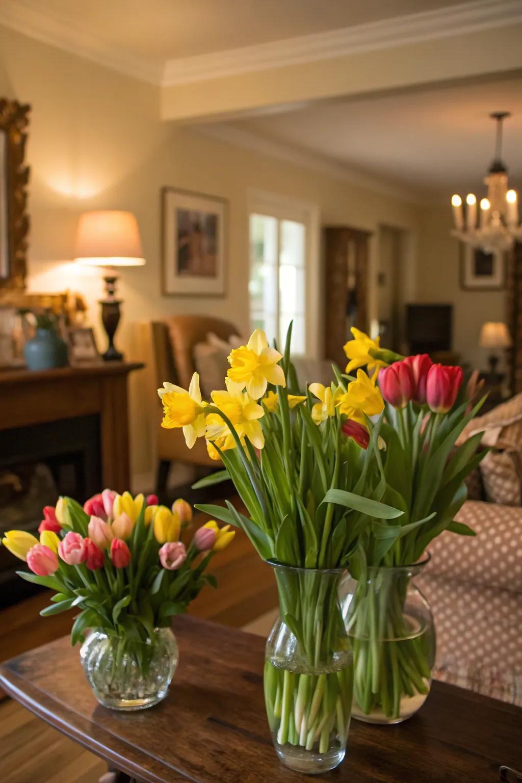 Fresh cut flowers like tulips and daffodils bring vibrant color and fragrance.