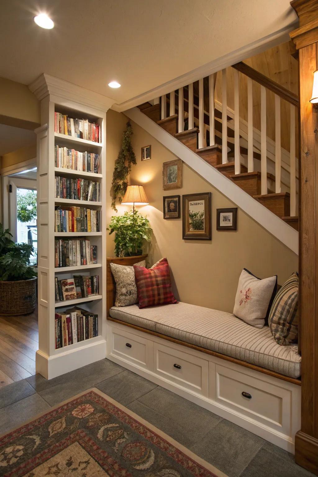 A reading nook under the stairs creates a functional, inviting corner.