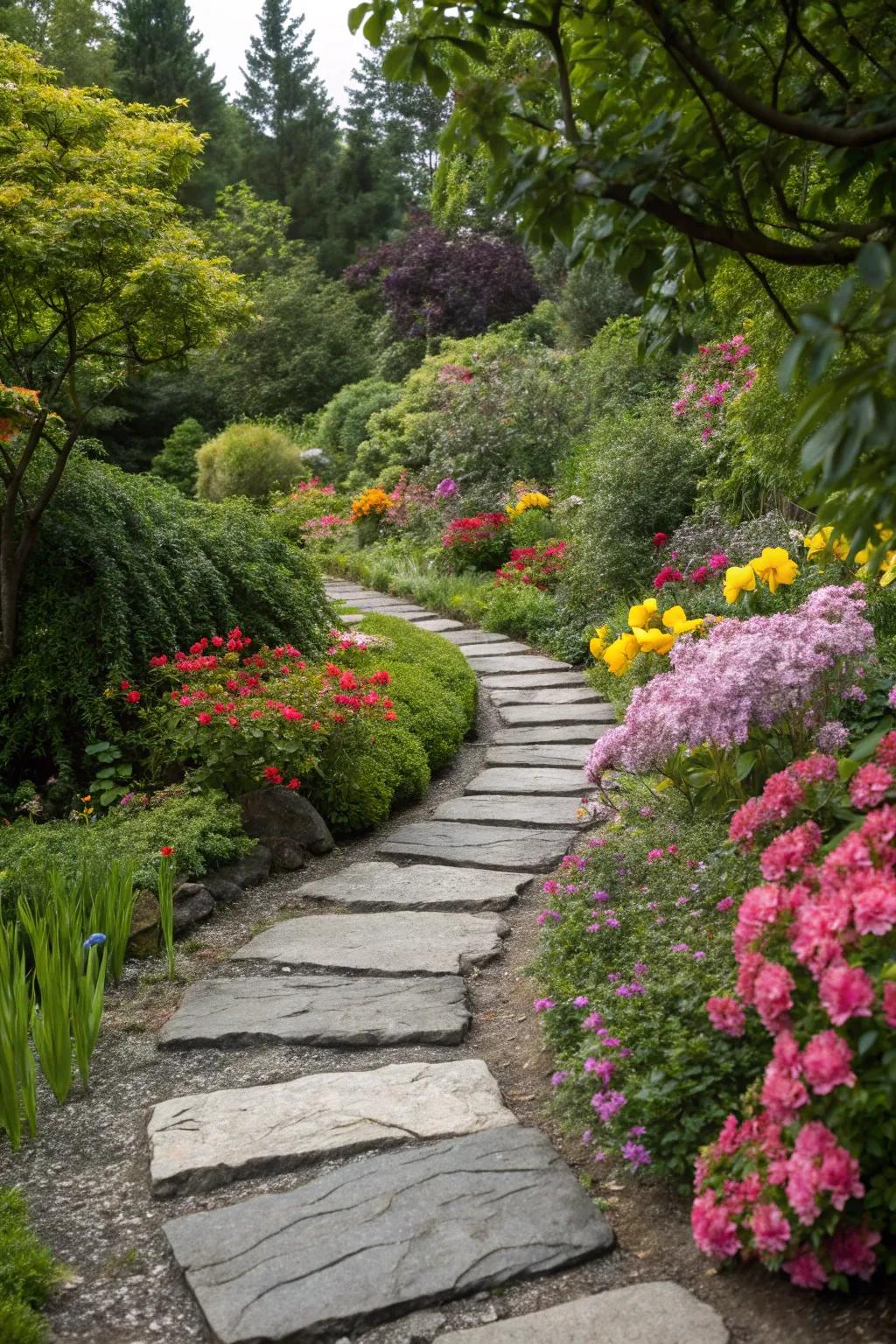 Contrasting stone colors create a striking and dynamic path.