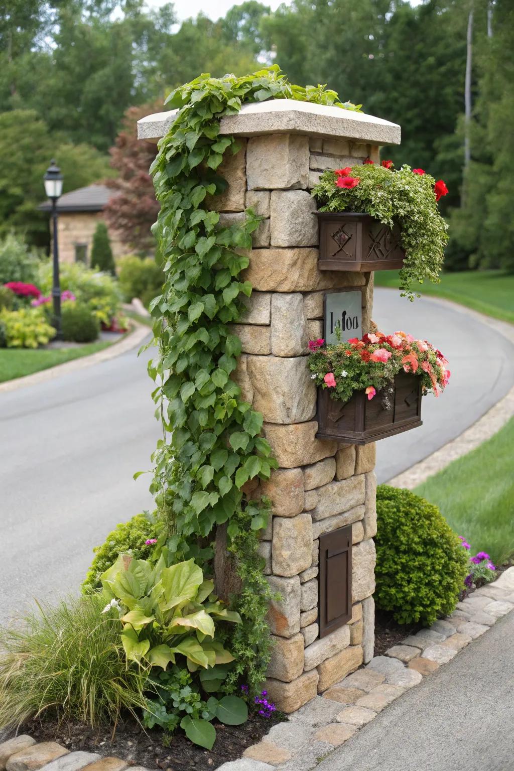 A stone mailbox pillar adorned with a lush vertical garden.