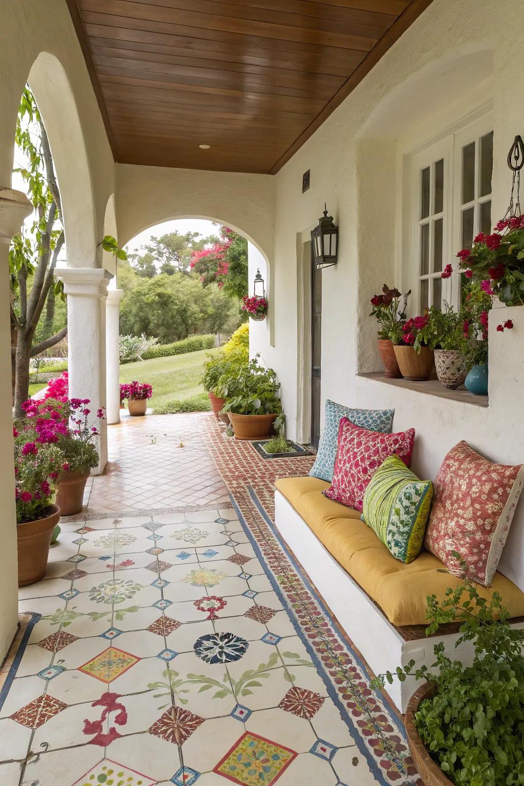 Fun tile patterns add whimsy to this stucco porch.