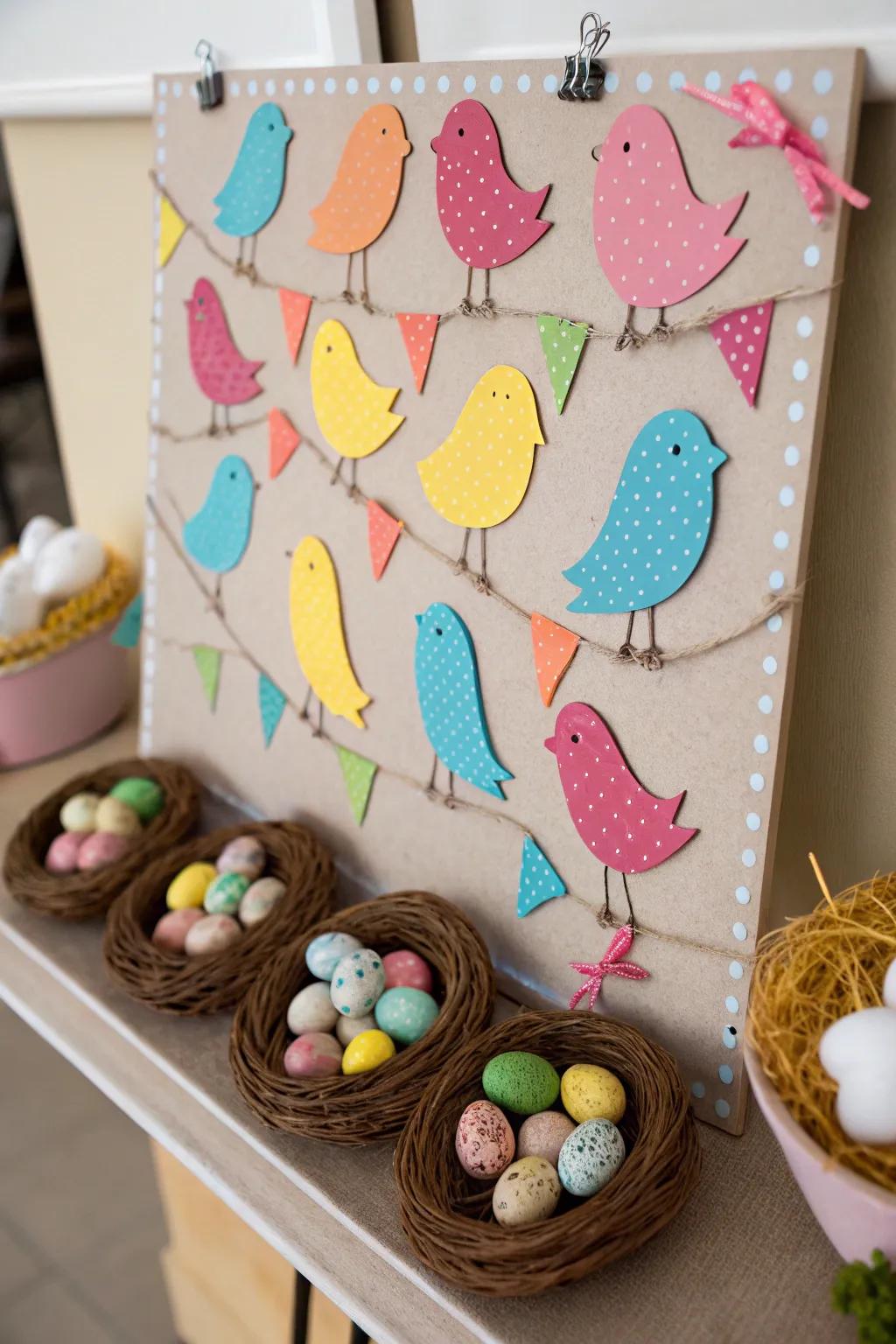 An animated board displaying vibrant avians and nests.