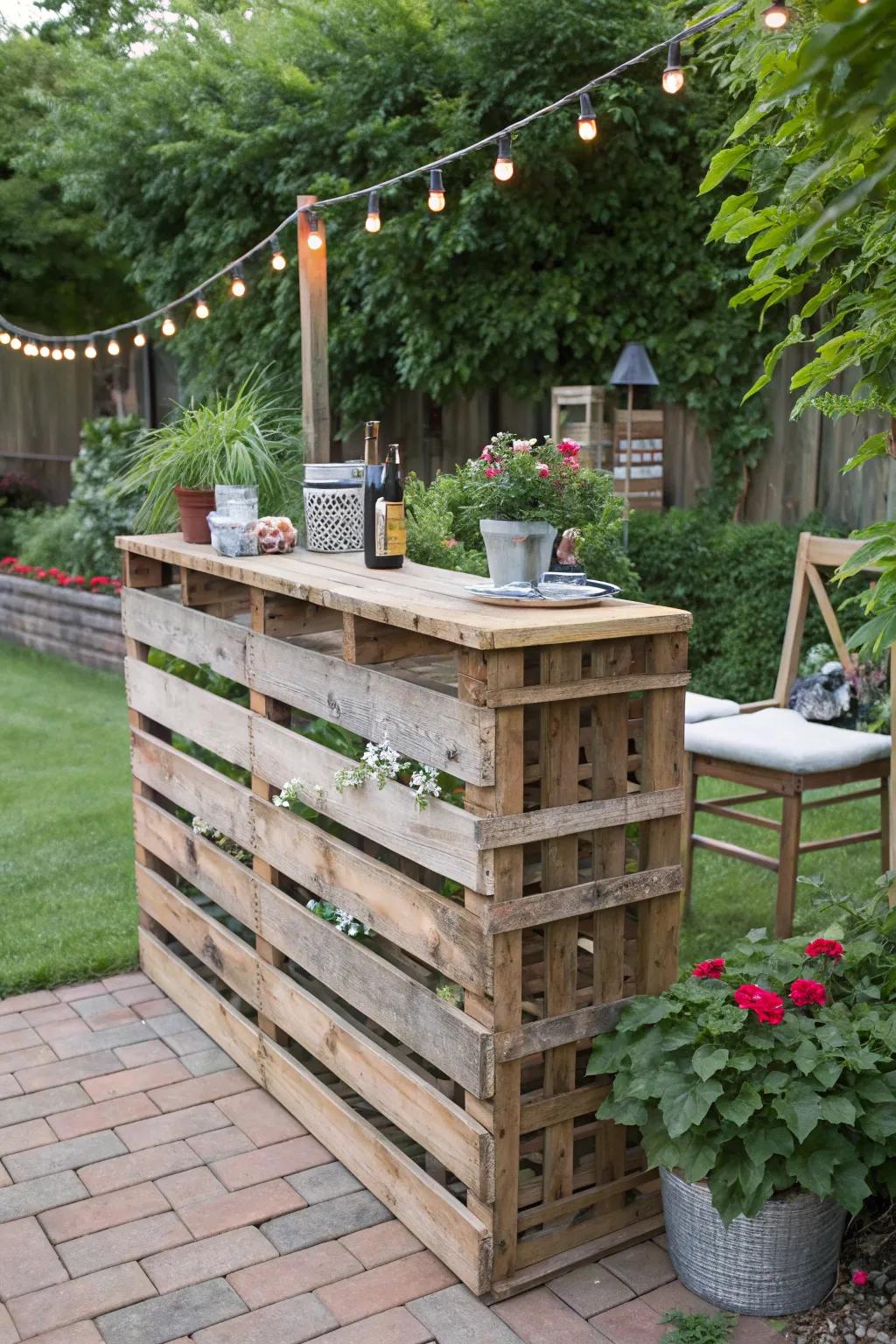 A DIY pallet bar combines sustainability with rustic charm.