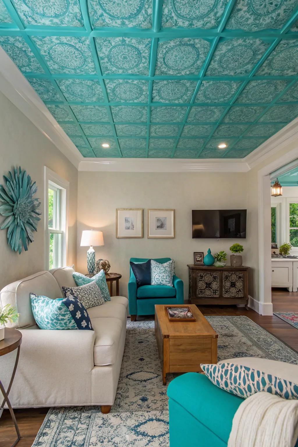 A turquoise ceiling adds an unexpected twist to this stylish room.