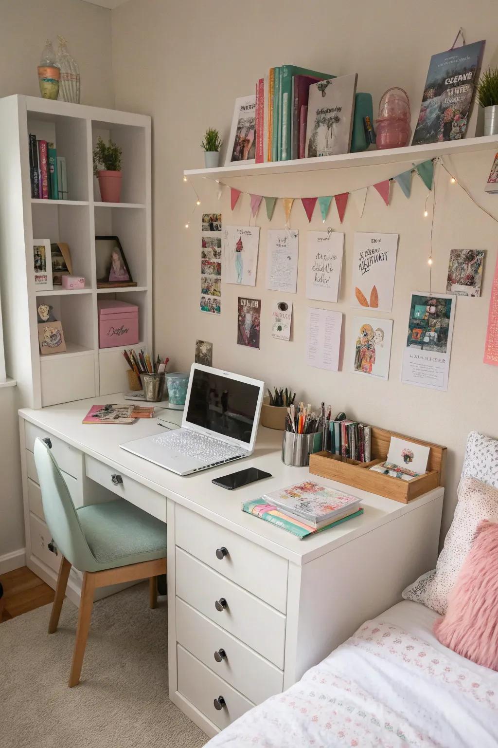 A functional desk space enhances productivity in a teen girl's room.