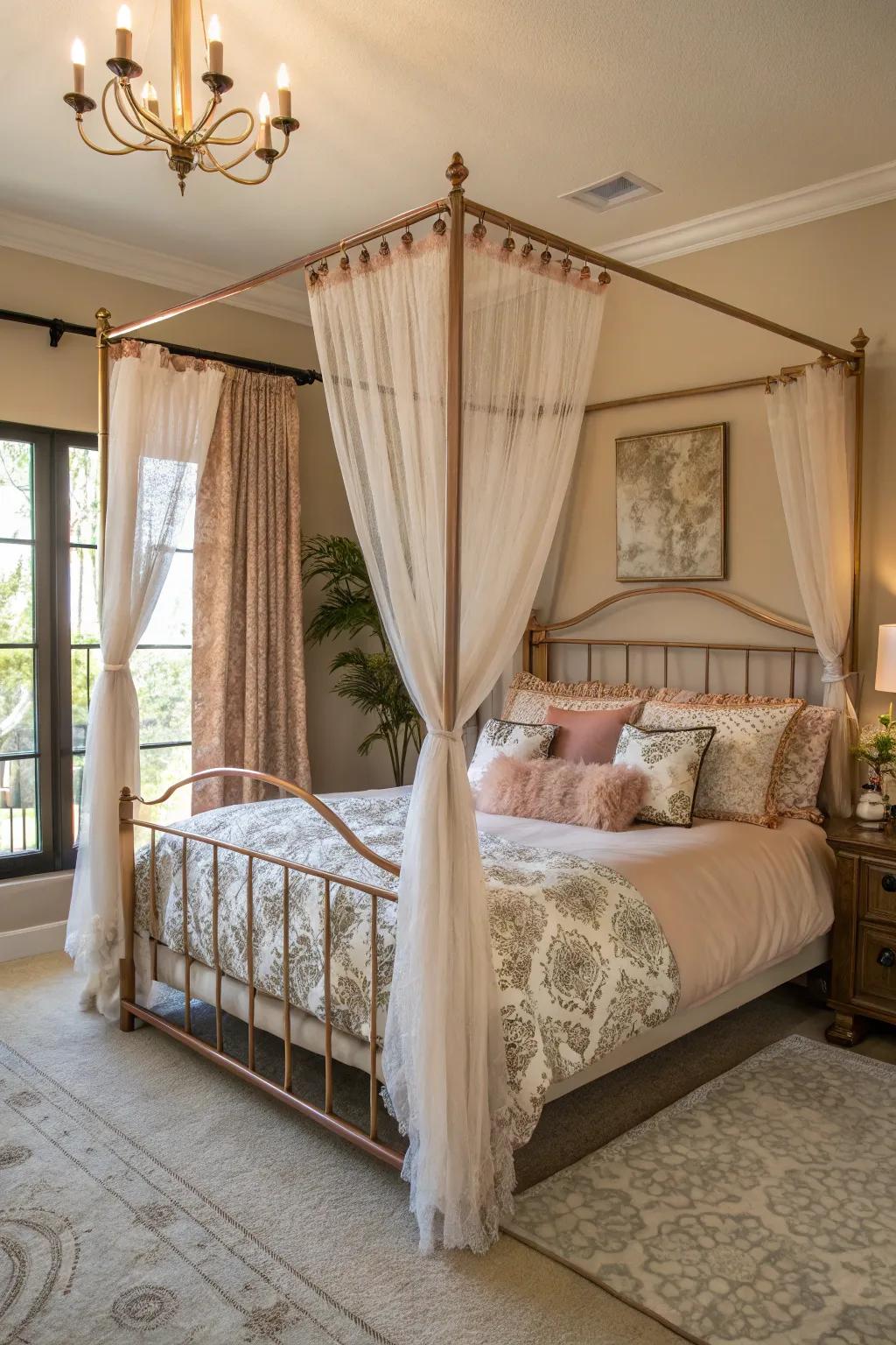 A rose gold canopy bed becomes a stylish centerpiece.