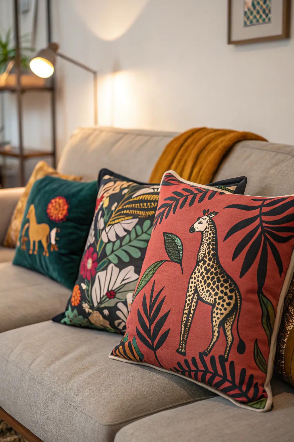 A bold and dramatic flair with animal and abstract print pillows.