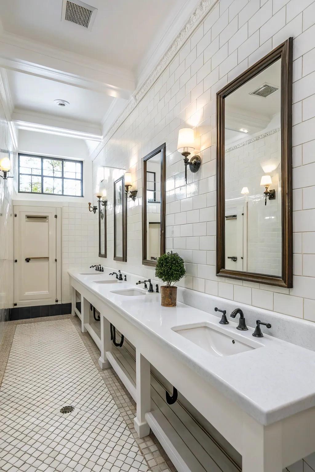 A white bathroom with a focus on symmetry, creating a balanced and calming environment.