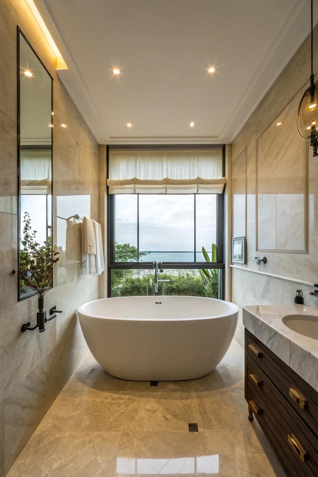 A round tub adds a unique and modern touch to the bathroom.