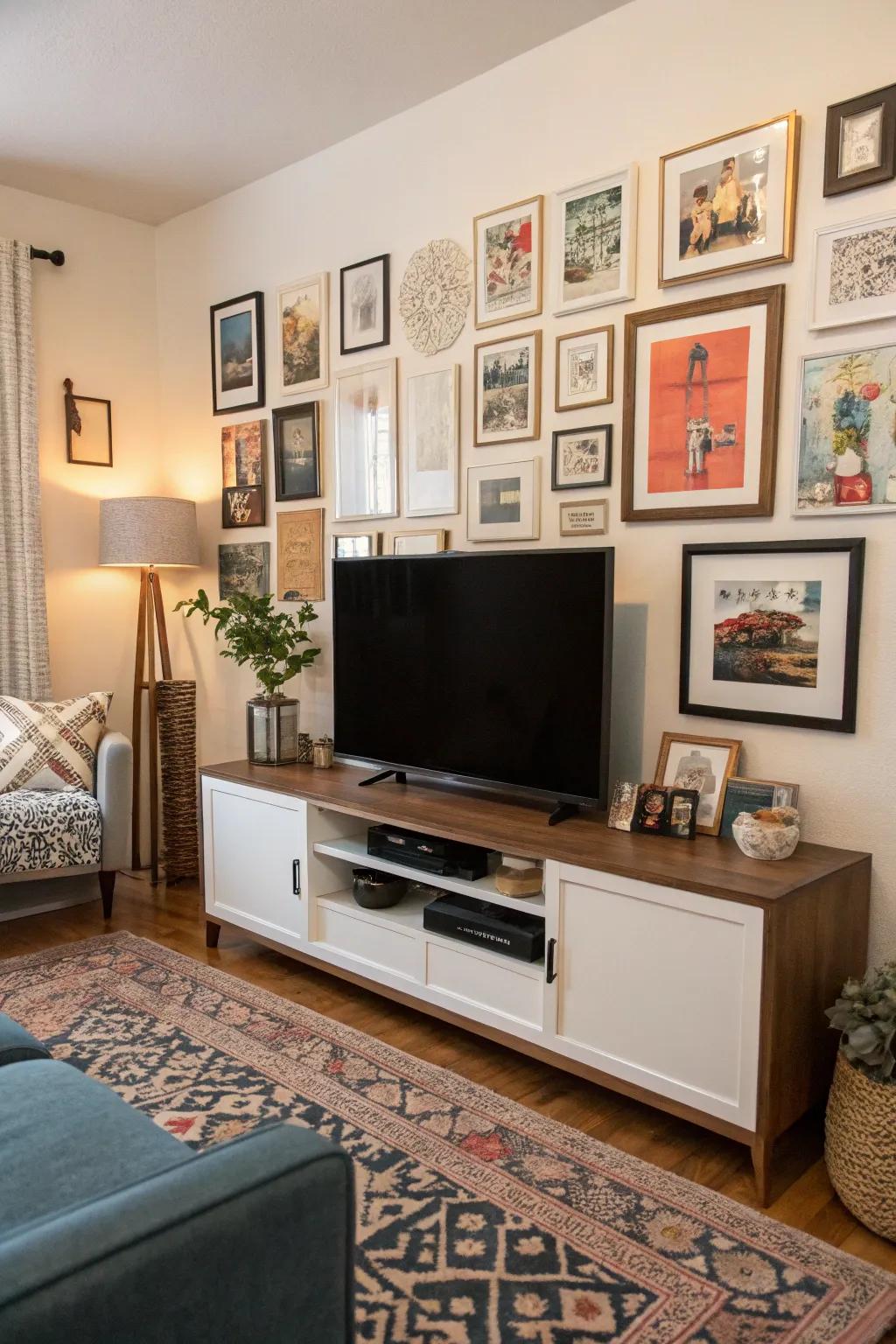 Eclectic gallery wall around a TV console.