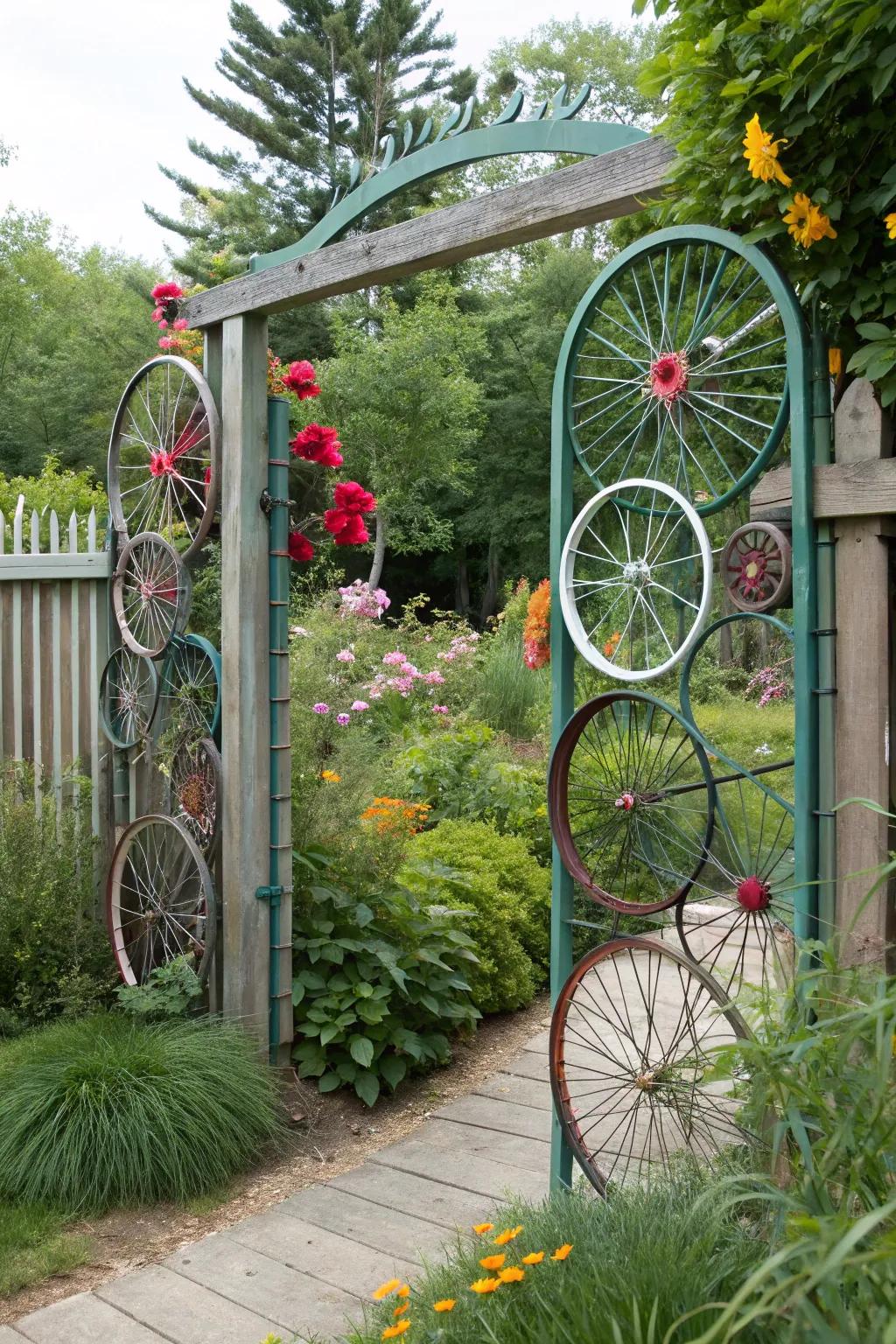 A creative gate featuring upcycled bicycle wheels.