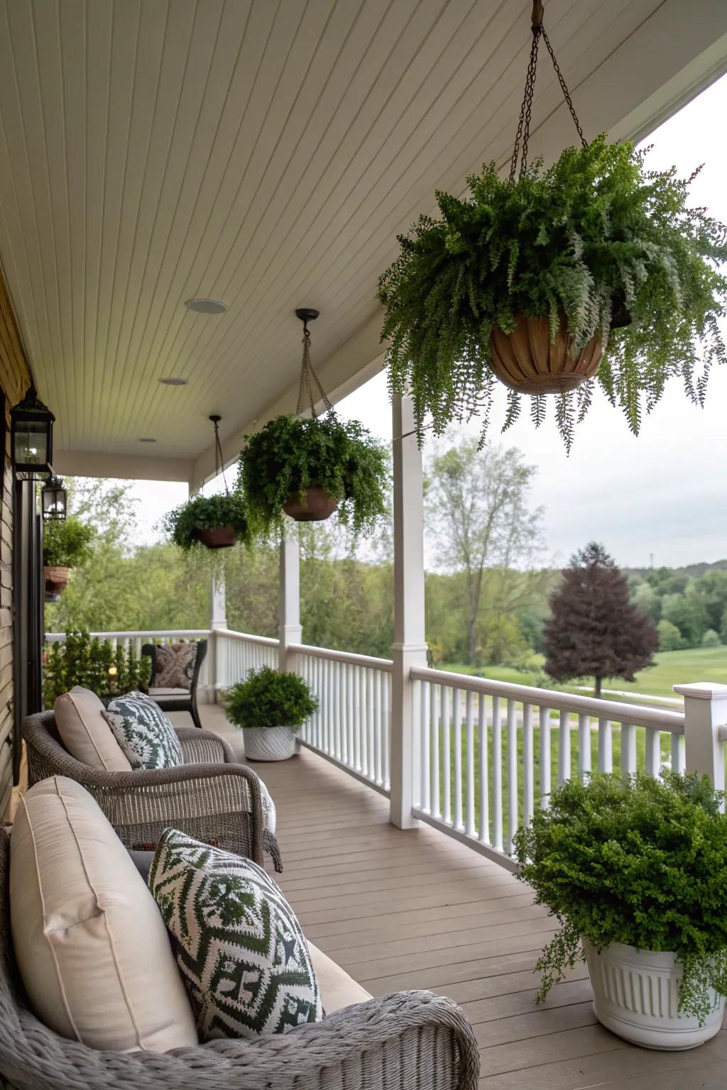 Plant hangers on vinyl ceilings make a green, welcoming space.