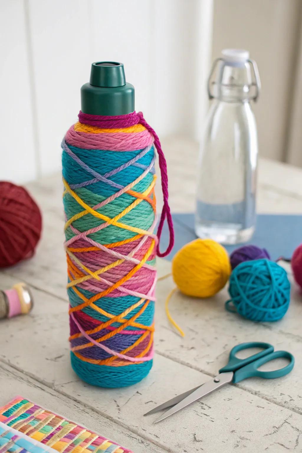 A playful water bottle wrapped in colorful yarn.