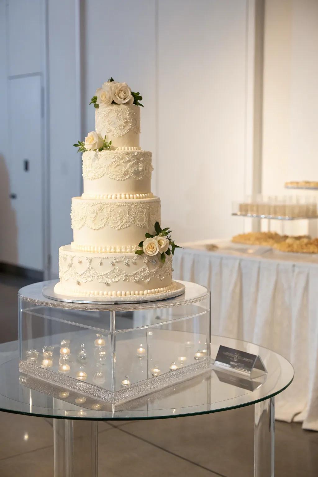 Acrylic stands providing a modern touch to the wedding cake display.