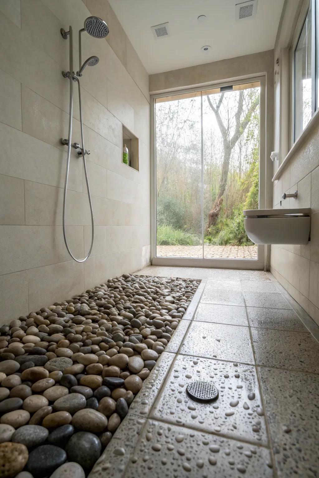 Smooth stone sections convey a natural and calming essence to wet rooms.