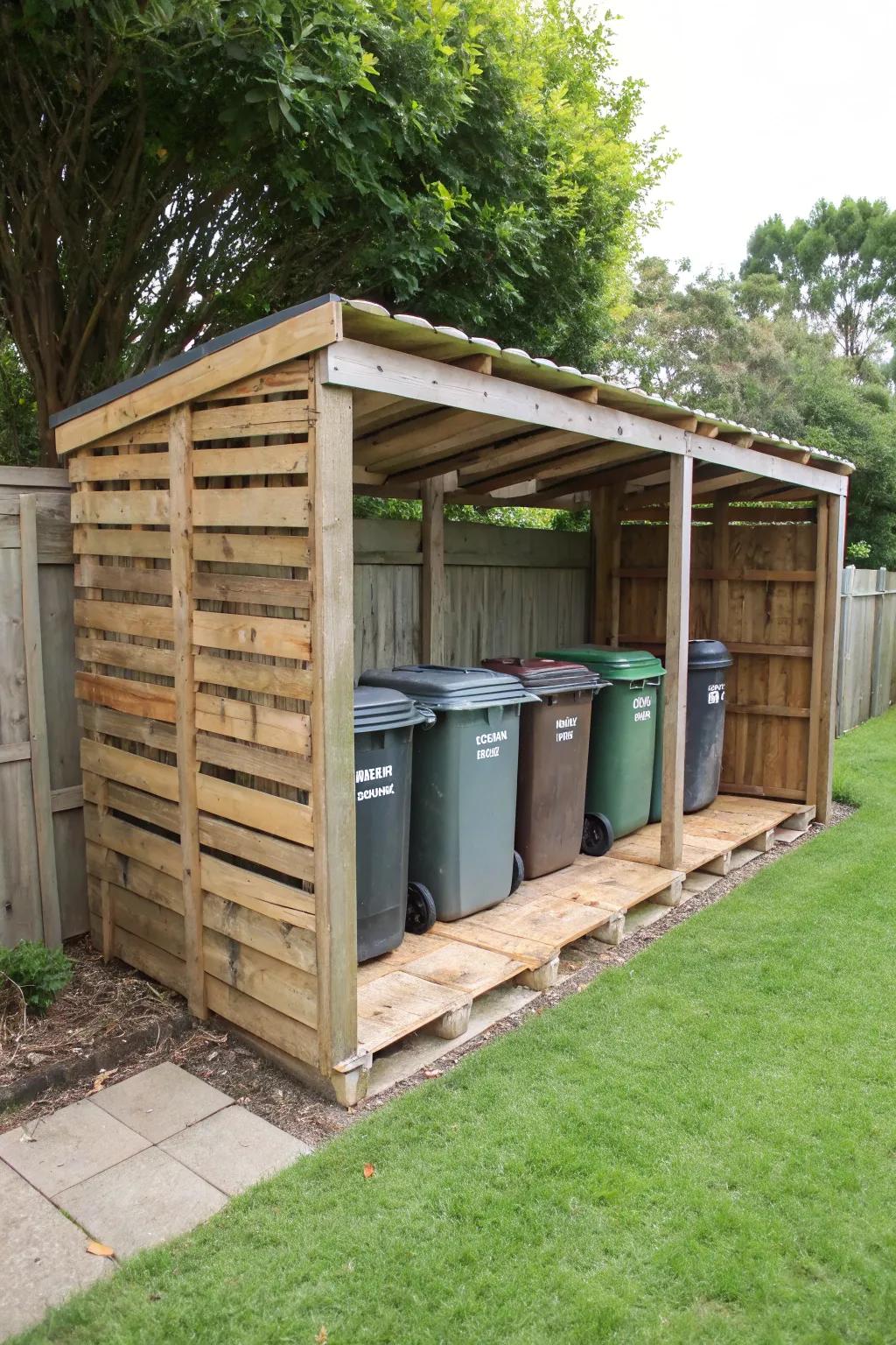 Use repurposed pallets for a rustic wheelie bin store.