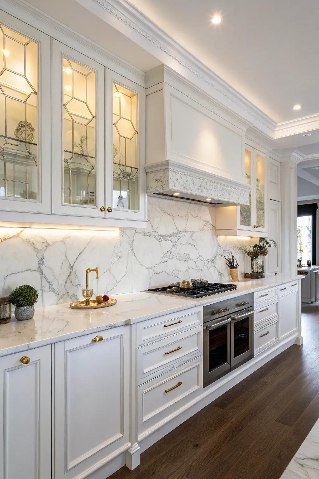 White marble slabs providing timeless elegance to white cabinets.