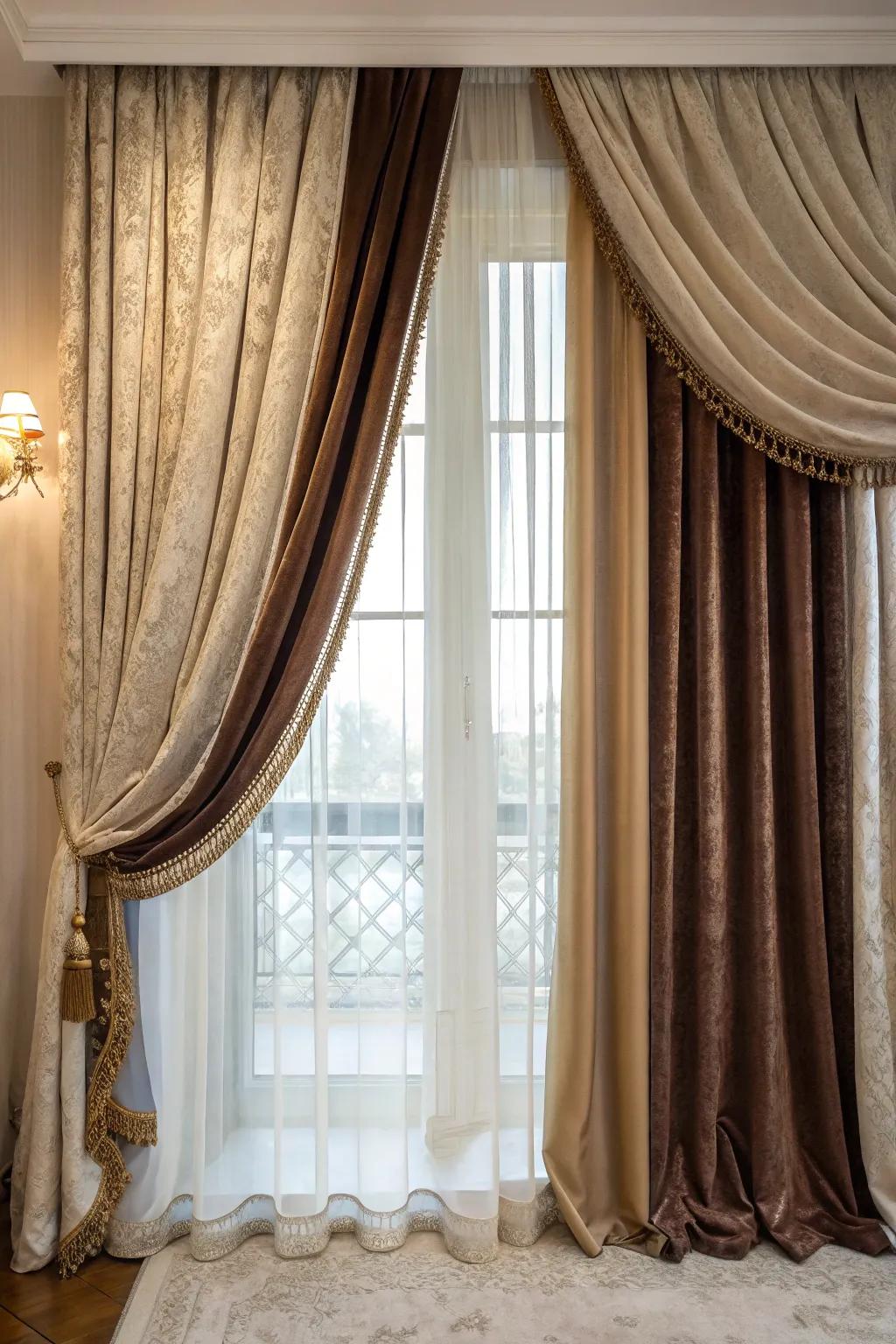 Varied textures of plush material and silk contribute luxury to this window.