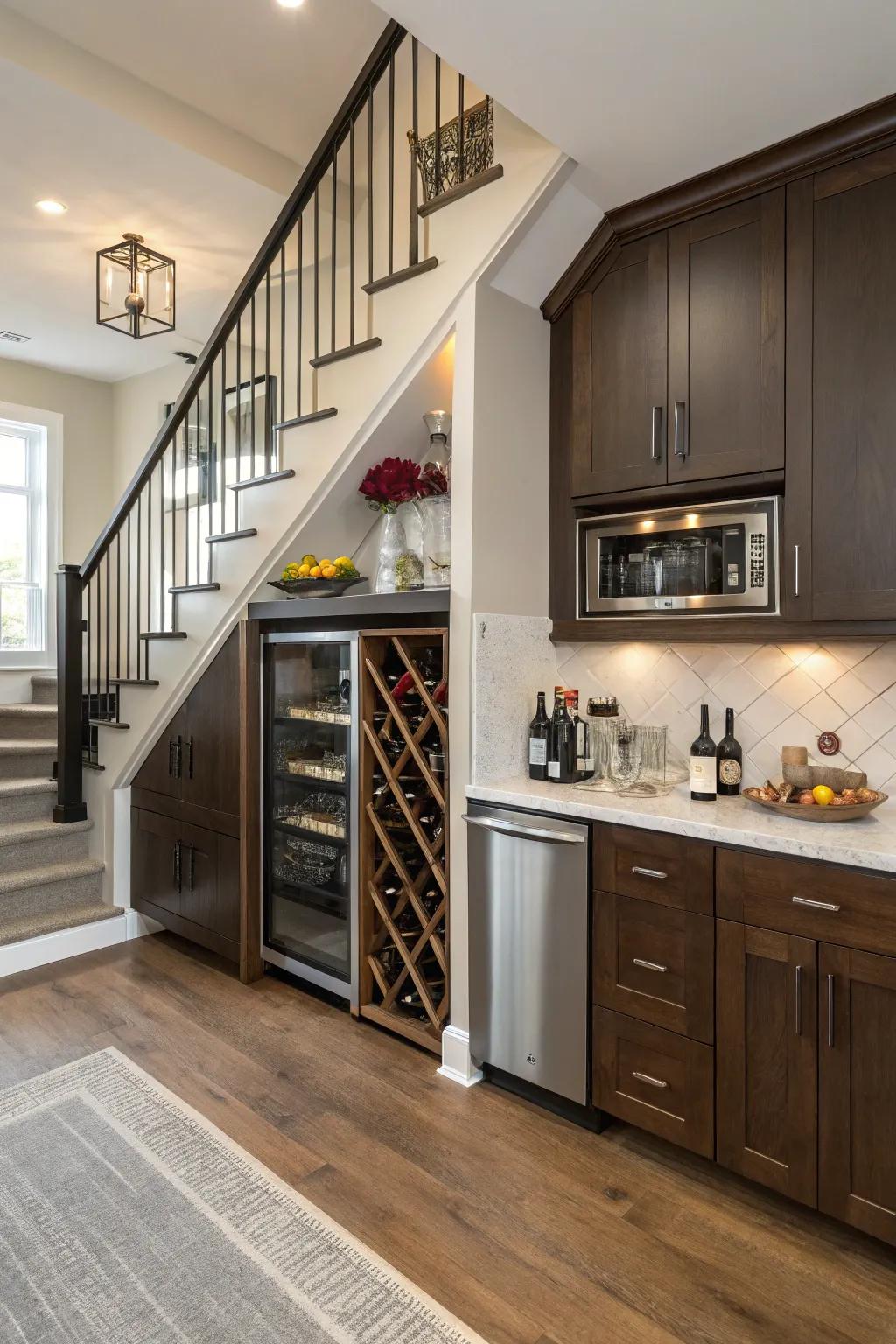 A wine nook under the stairs transforms unused space into a focal point.