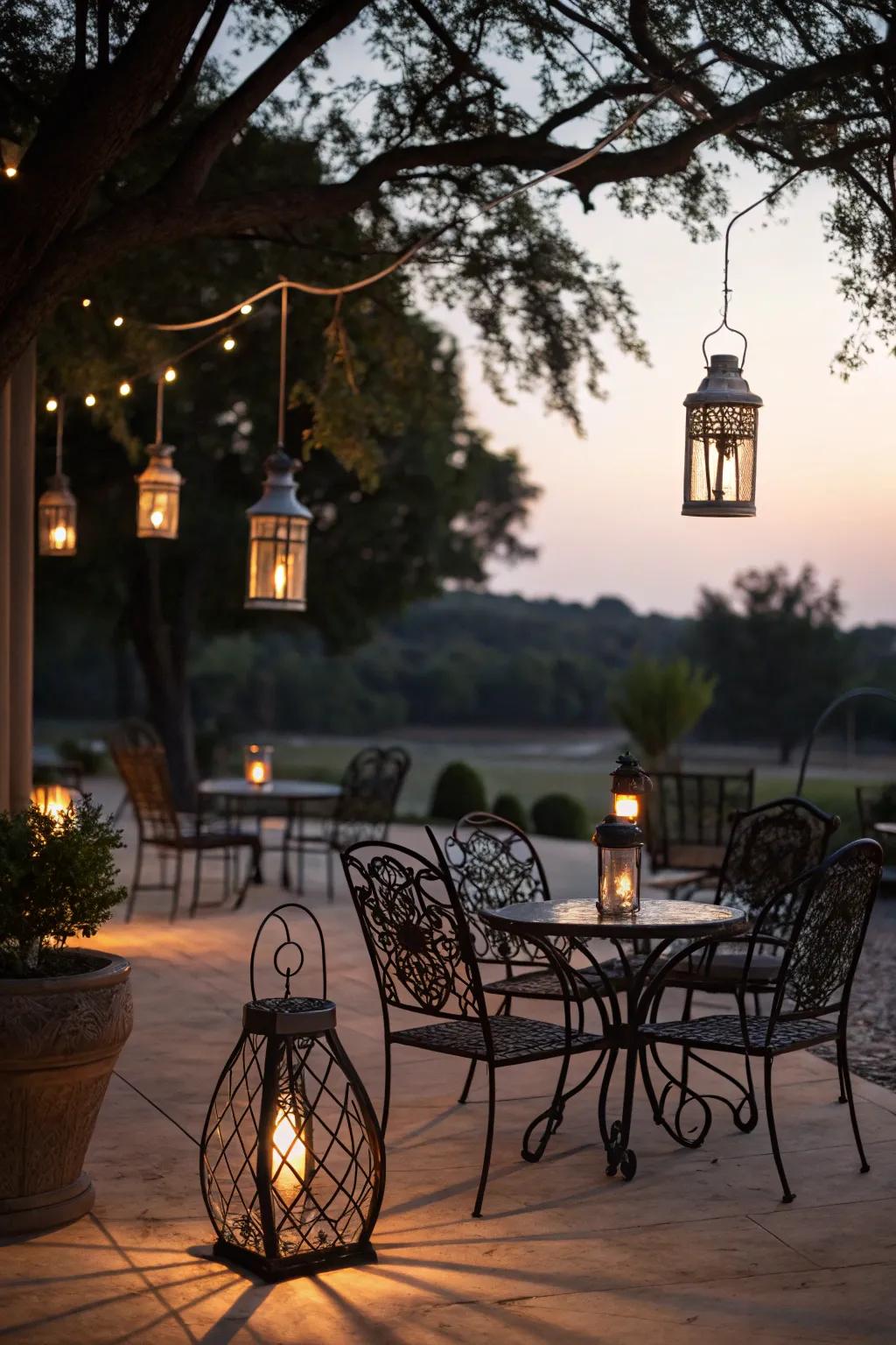 Hanging lanterns cast a magical radiance over cast metal seats.