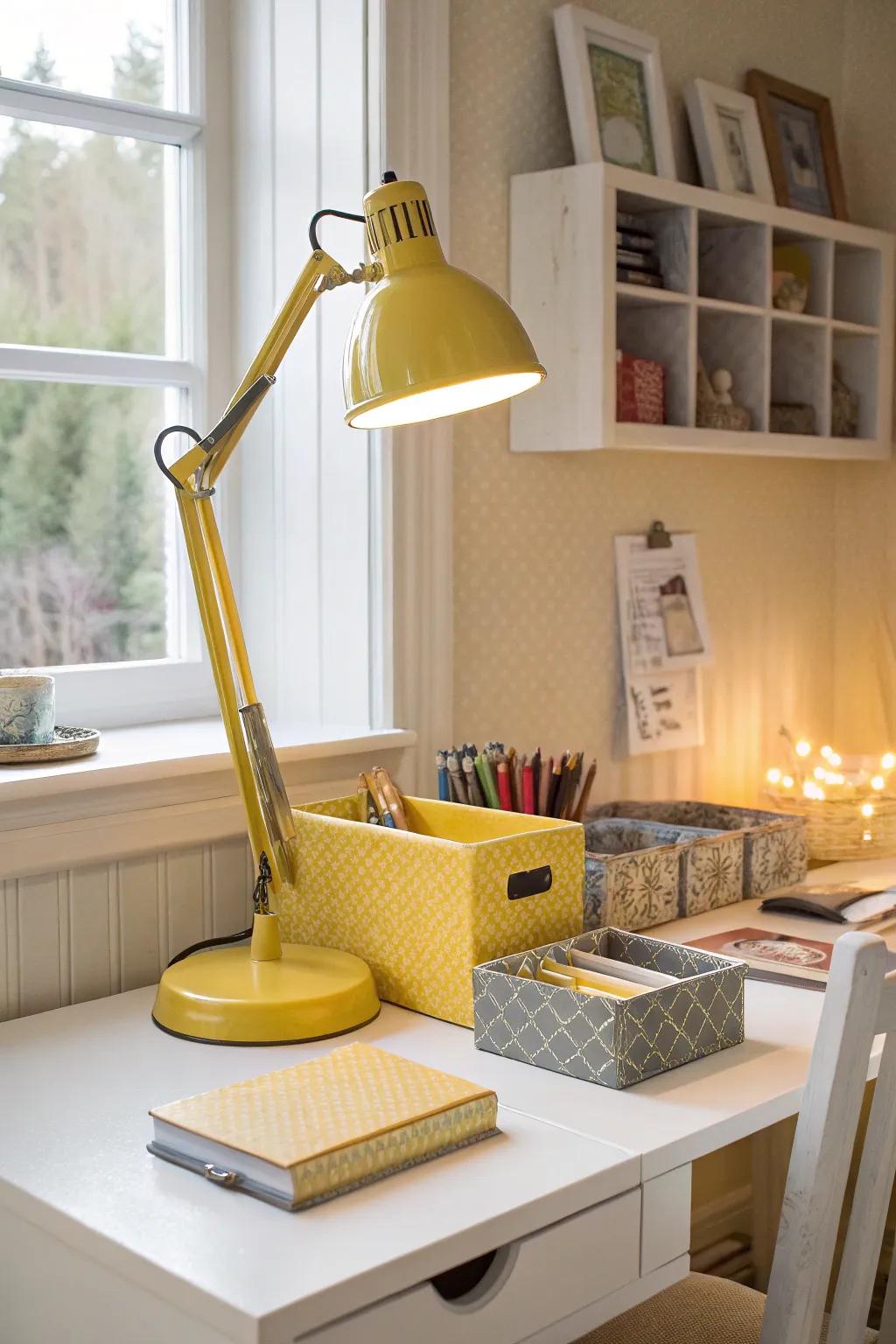 A creative workspace with yellow accents.