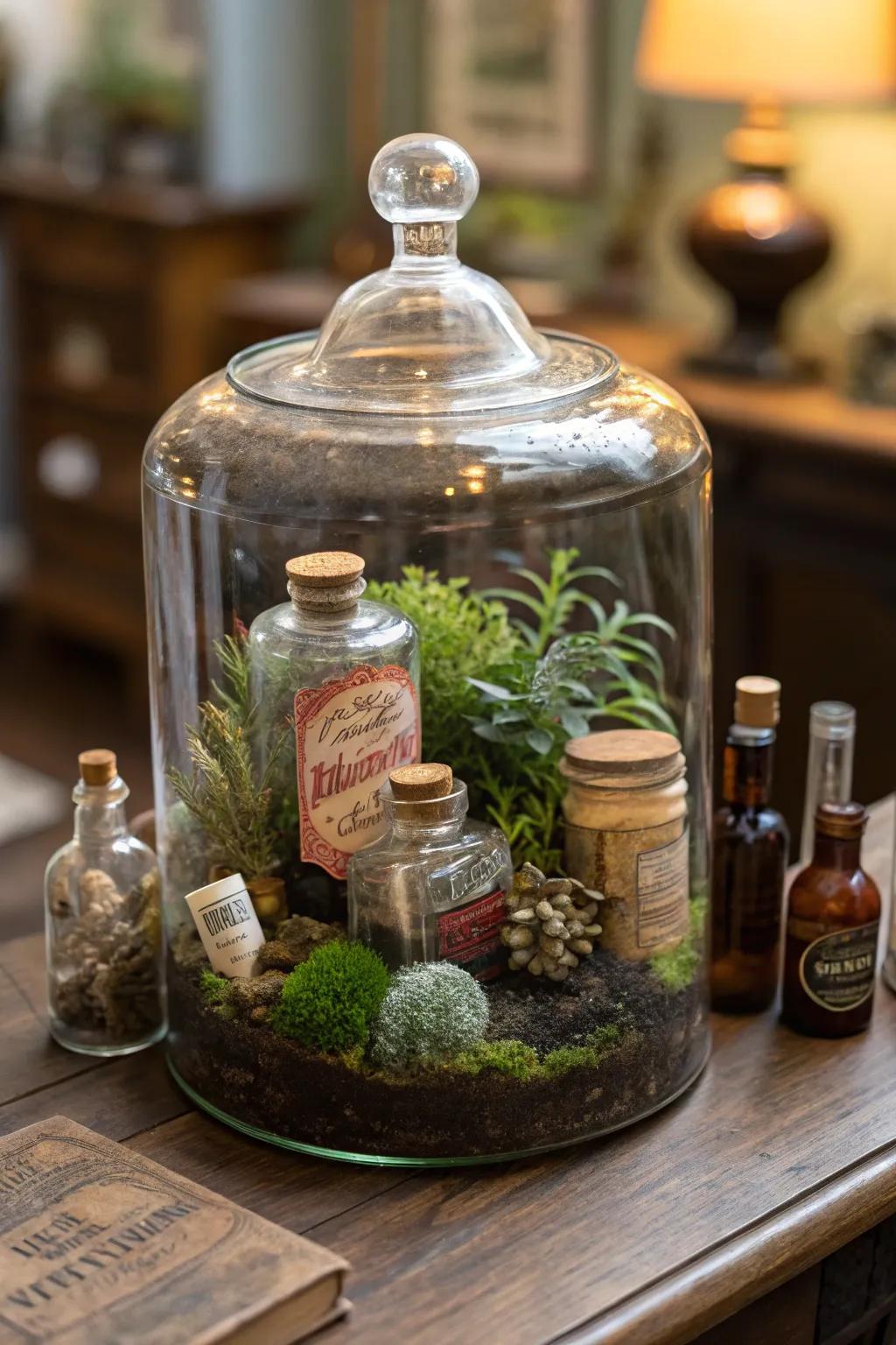 A vintage terrarium with a blend of old-world charm.