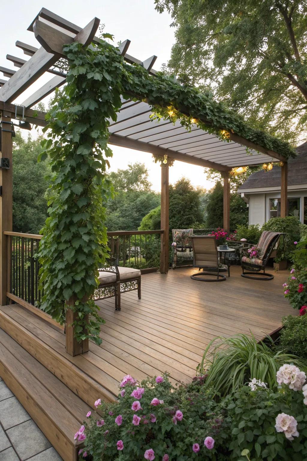 A pergola shaping a shaded outdoor spot on the deck.
