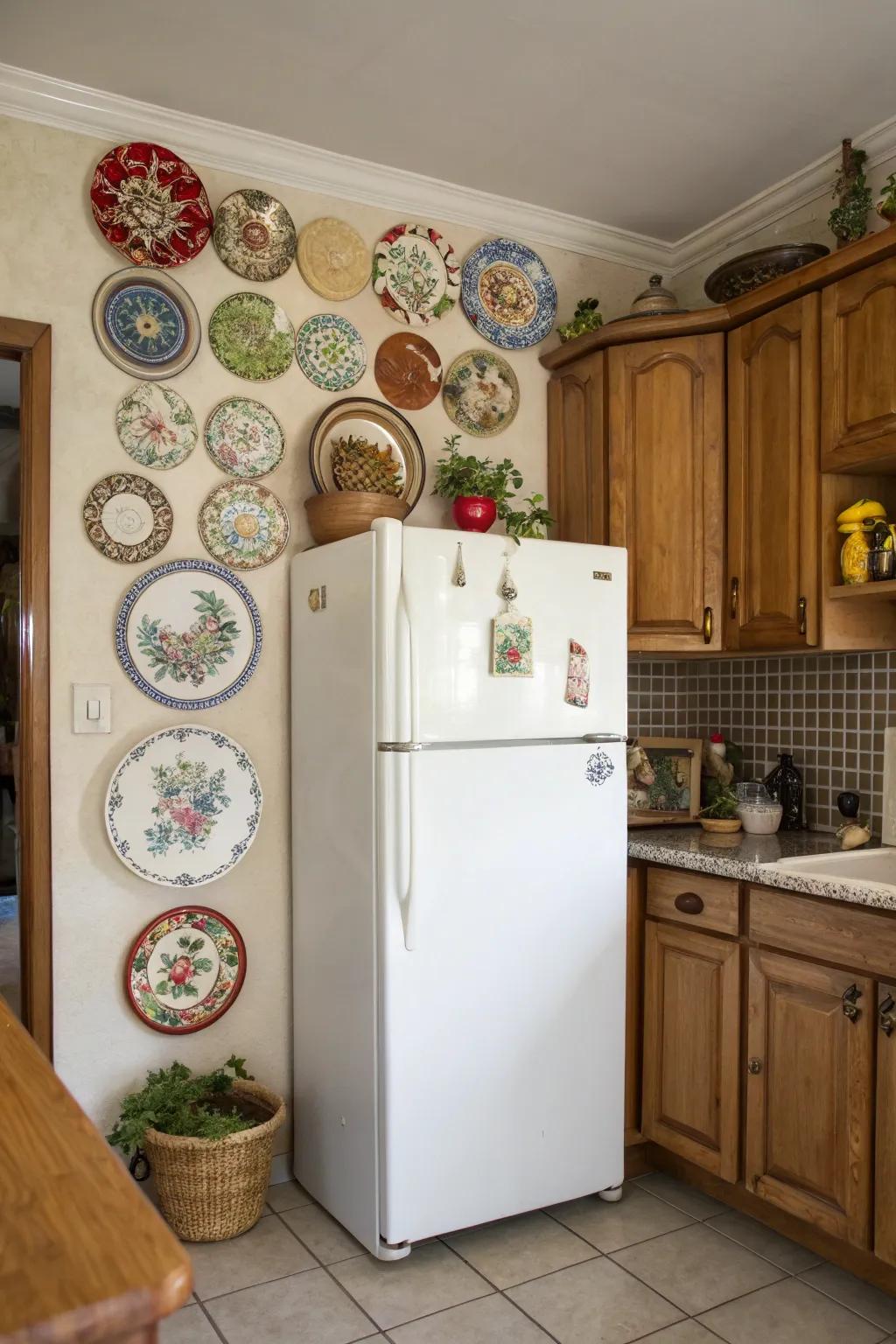 Eclectic plates add color and artistry to your fridge top.