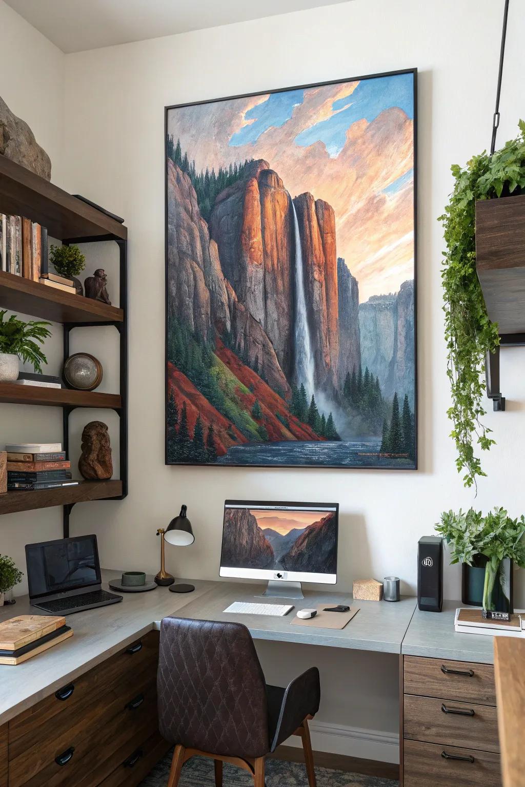 Abstract cliffs painting adding drama to a sophisticated office