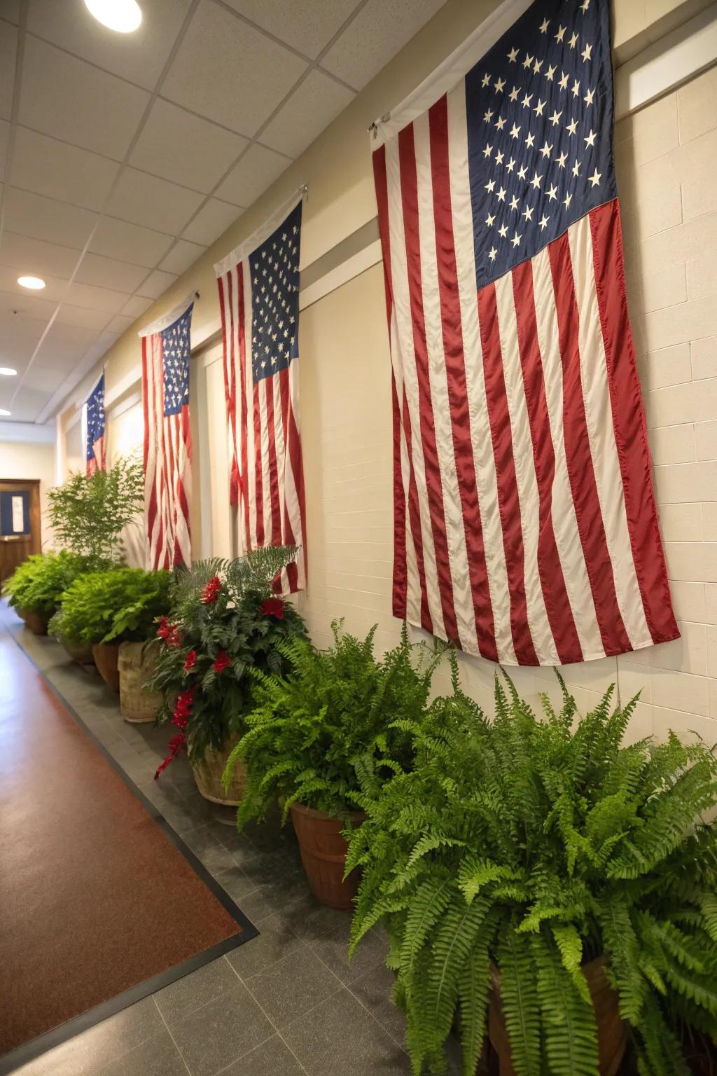 Flags paired with ferns offer a fresh and vibrant style.