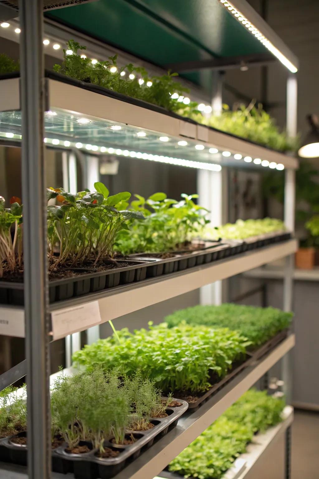 Floating shelves with under-mounted grow lights for a minimalist plant display.