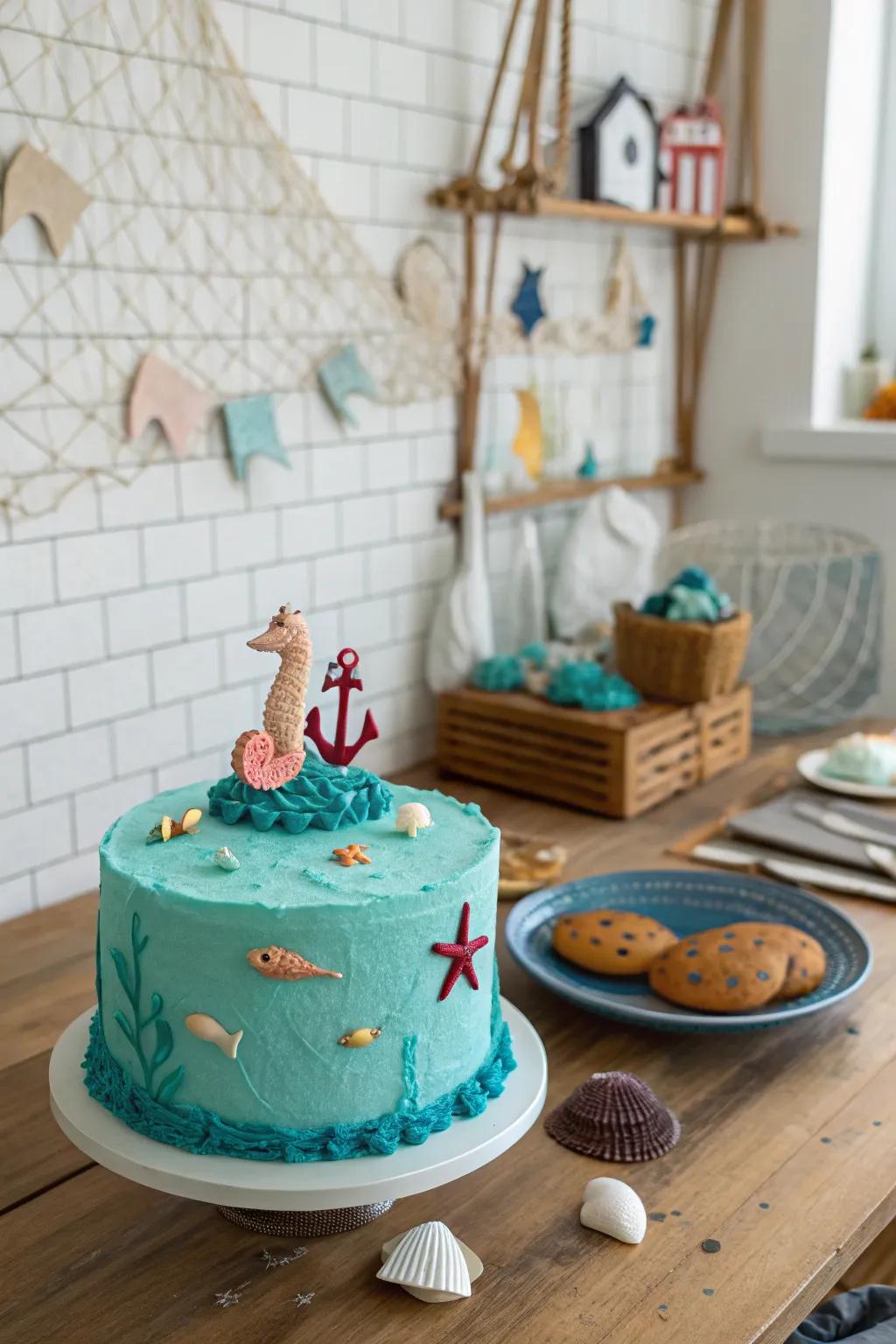 Under the sea-themed cake for a splash of fun.