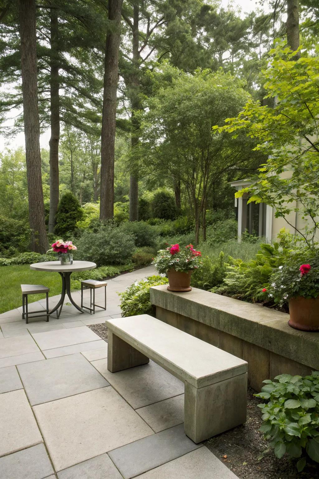 Cement benches provide durable, fashionable seating.